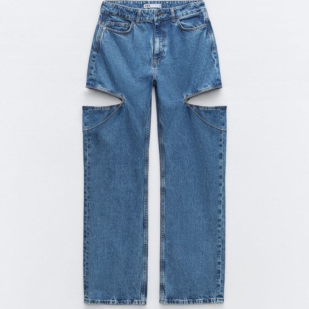 Zara Jeans Mid Waist Straight Leg Cut Out Rhinestone Chain Size 34 / 2 #Z975
